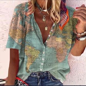 Misslook map of the world blouse top L wearable art